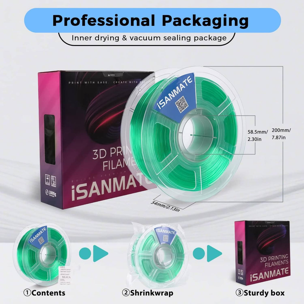 iSANMATE PETG filament spool in vacuum-sealed professional packaging box