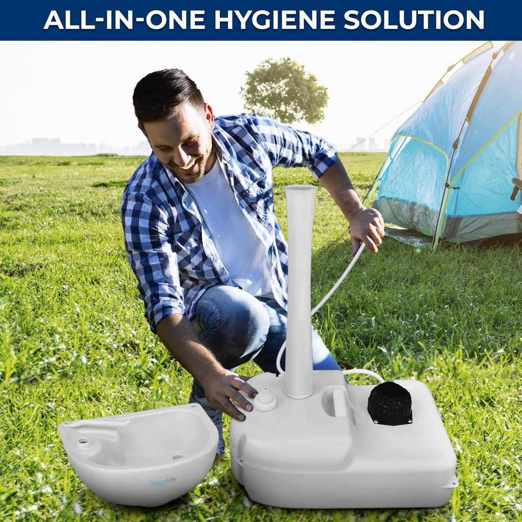 White portable hand wash sink station with basin and base tank, outdoors