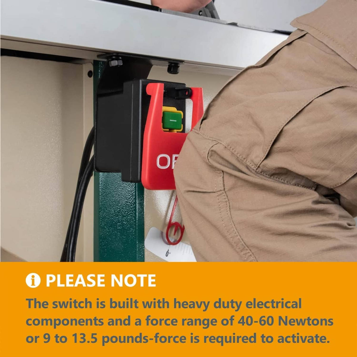 Mounted magnetic paddle switch with red OFF paddle, green indicator, and hand nearby