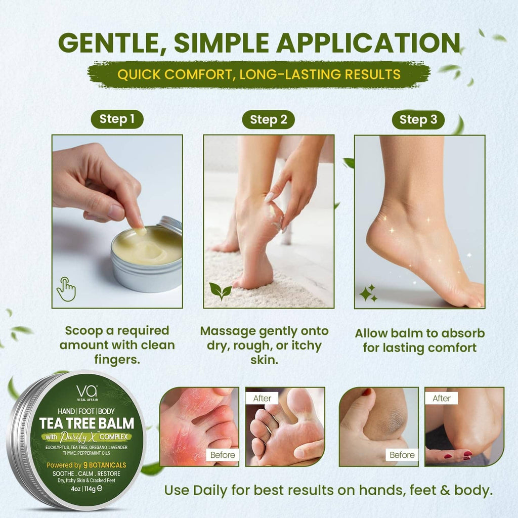 Tea tree balm tin with gentle application steps graphic for hands, feet, body