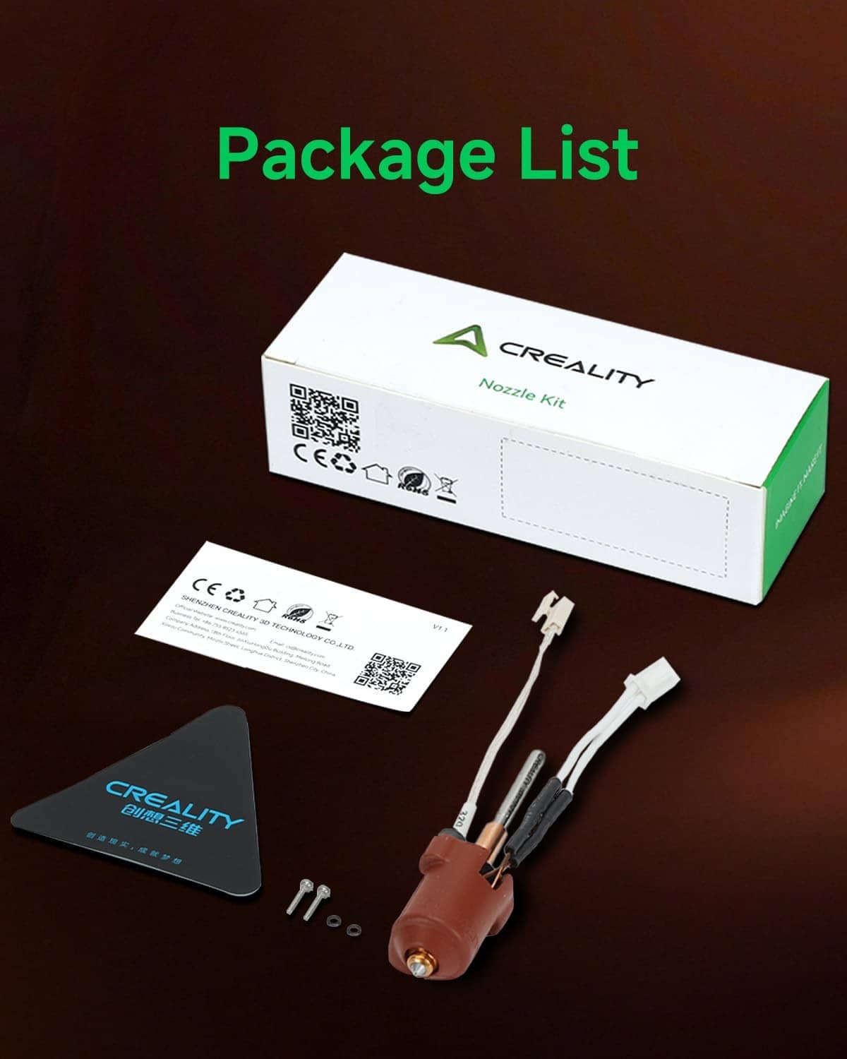 Creality K2 SE nozzle kit package contents with white box, cards, and spare parts