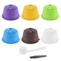 Set of six reusable coffee capsule lids in purple, yellow, green, blue, brown, and white