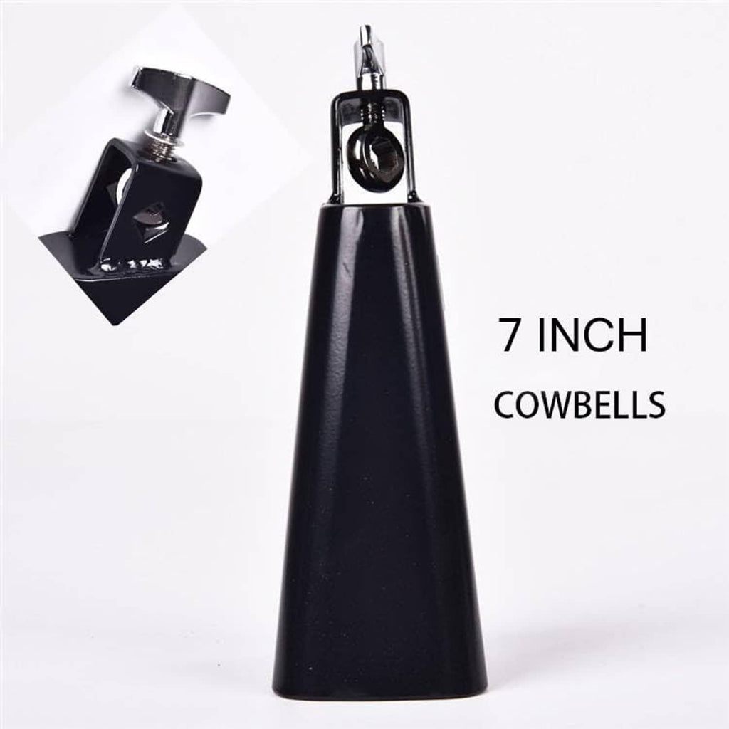 Black 7-inch cowbell with chrome mount and striker
