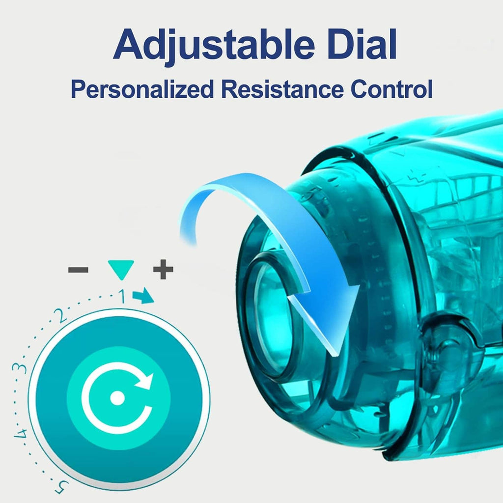 Adjustable dial flutter valve breathing device, turquoise transparent front