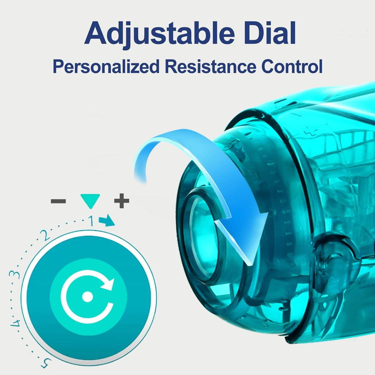 Adjustable dial flutter valve breathing device, turquoise transparent front