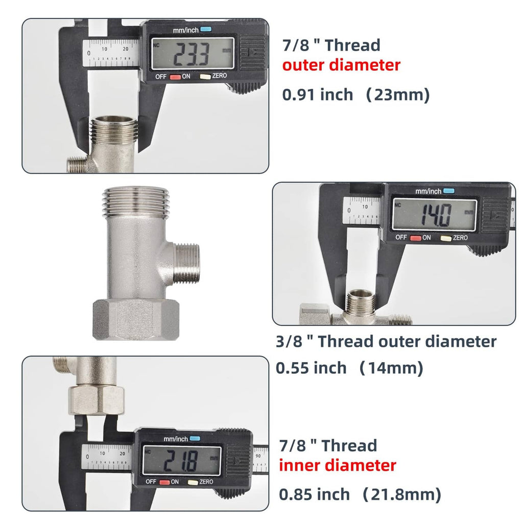 Metal bidet T-adapter measured with calipers for 7/8 thread outer and inner diameters