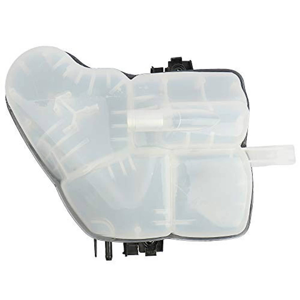 Translucent coolant overflow reservoir tank with visible internal structure and ports