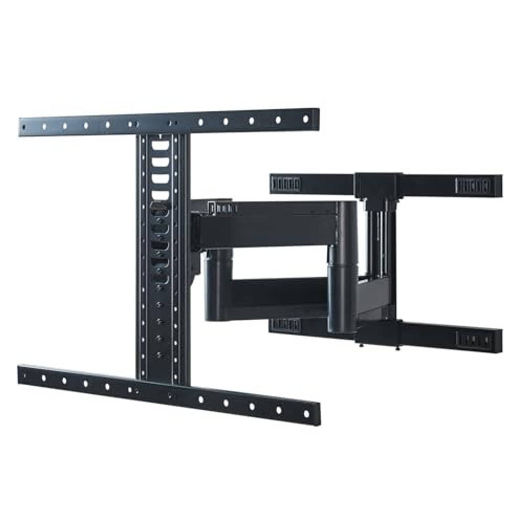 Black full-motion TV mount bracket angled view with locking arms and rails