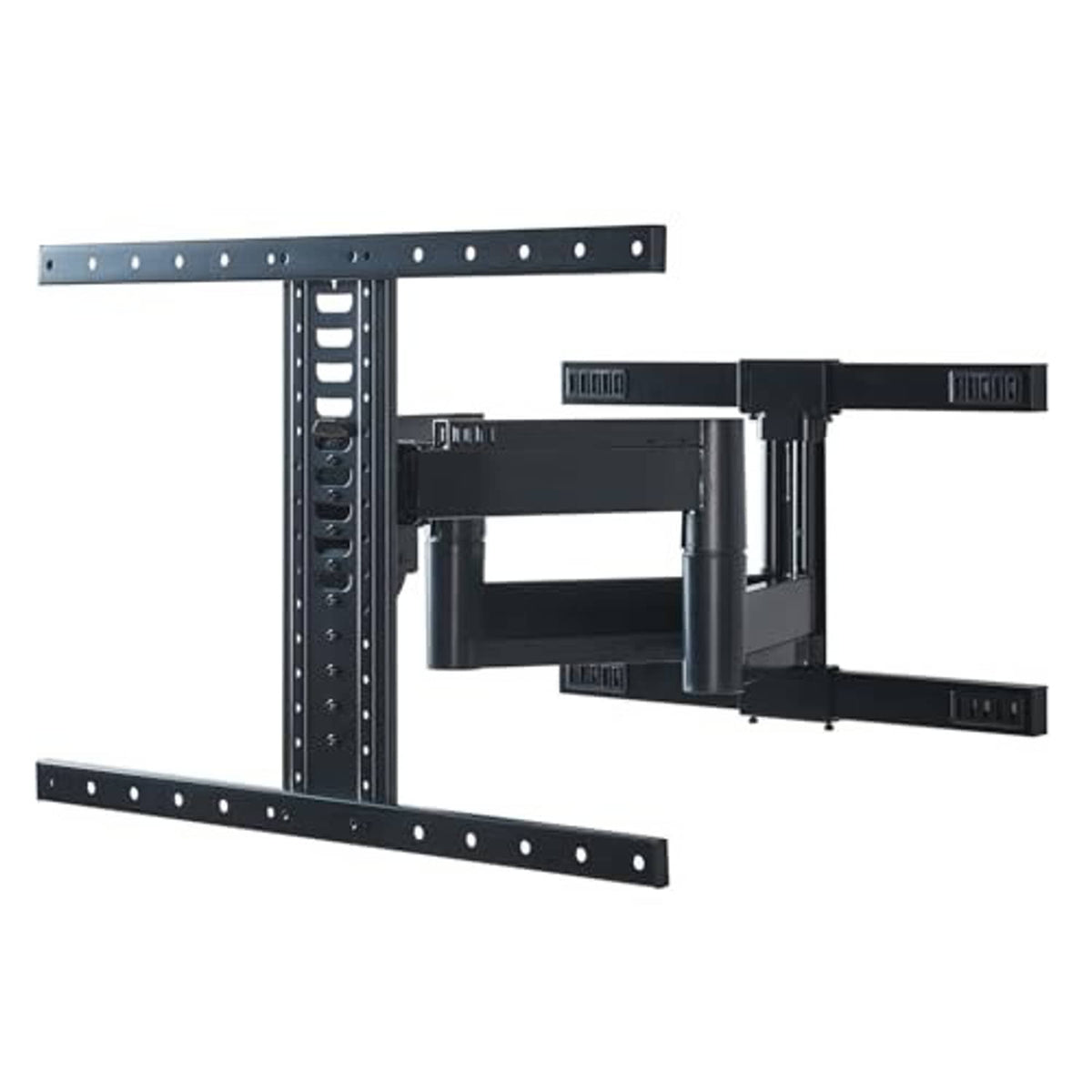 Black full-motion TV mount bracket angled view with locking arms and rails