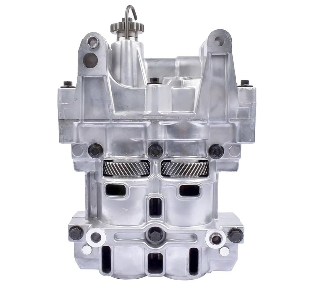 Engine oil pump balance shaft housing, silver metal with ports and mounting holes