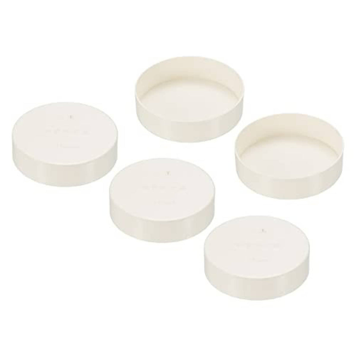 Five white PVC pipe end cap fittings shown together, round plug couplings for 3-inch pipe
