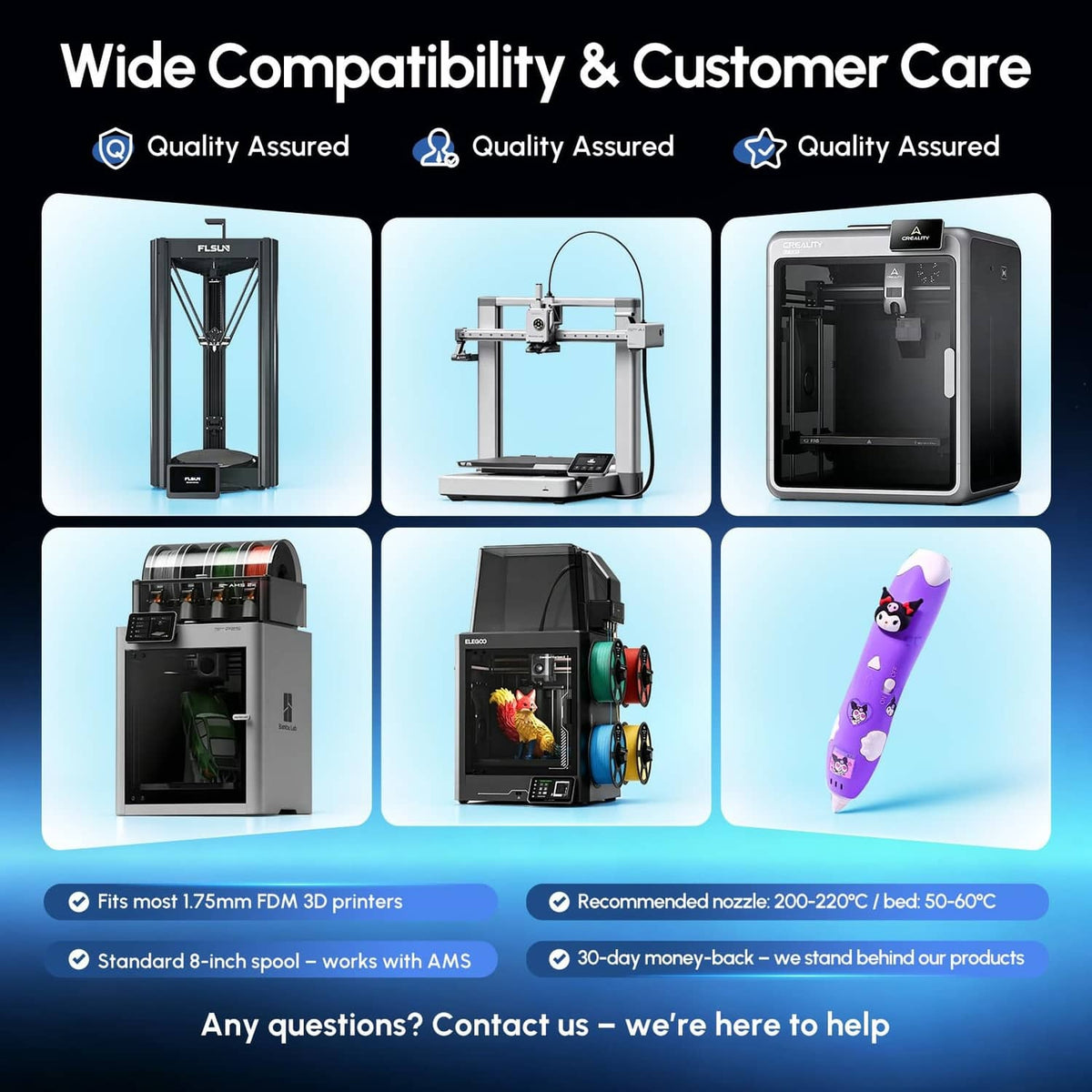 PLA filament spool with printer compatibility icons and care information