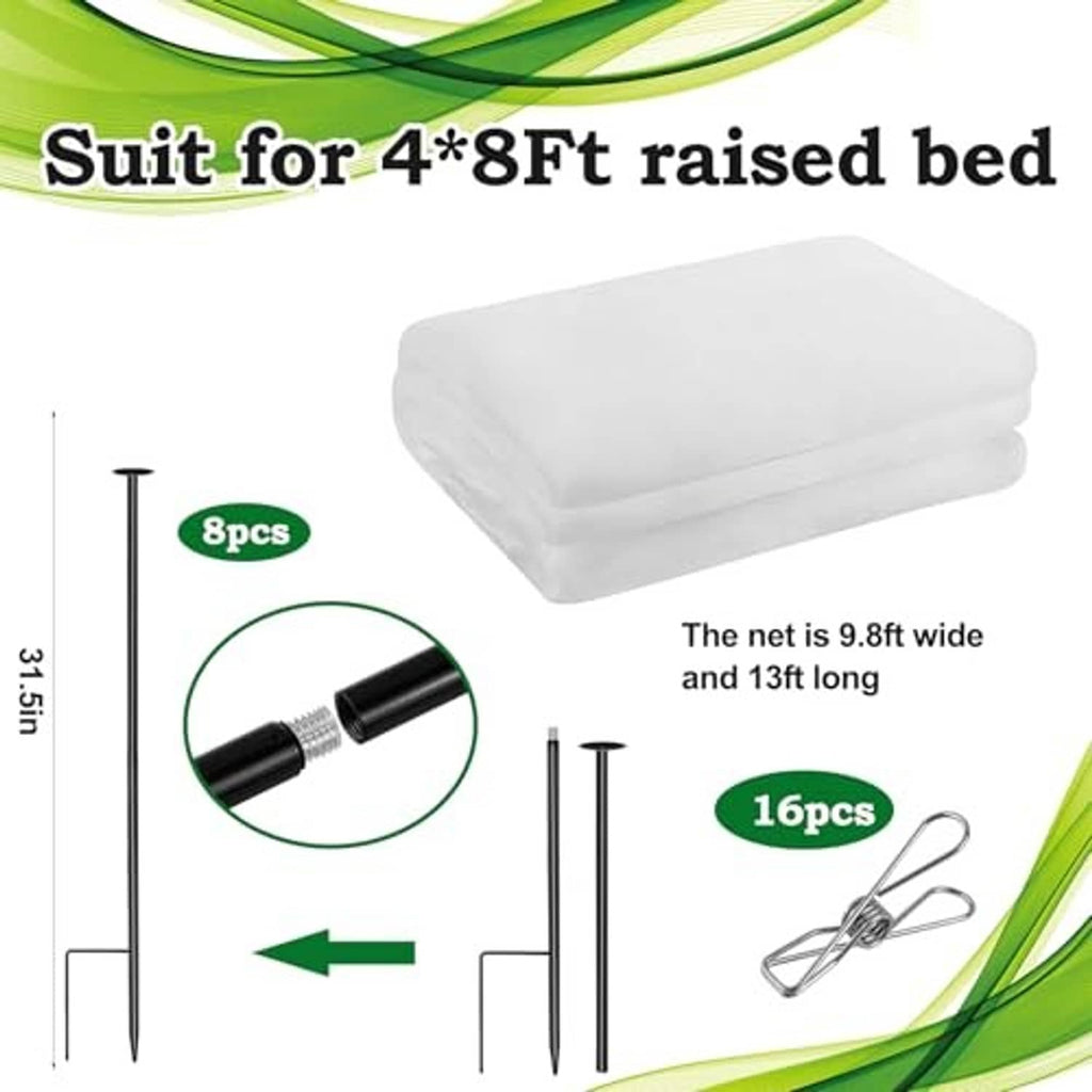 White garden netting fabric and metal support rods with ground stakes and clips