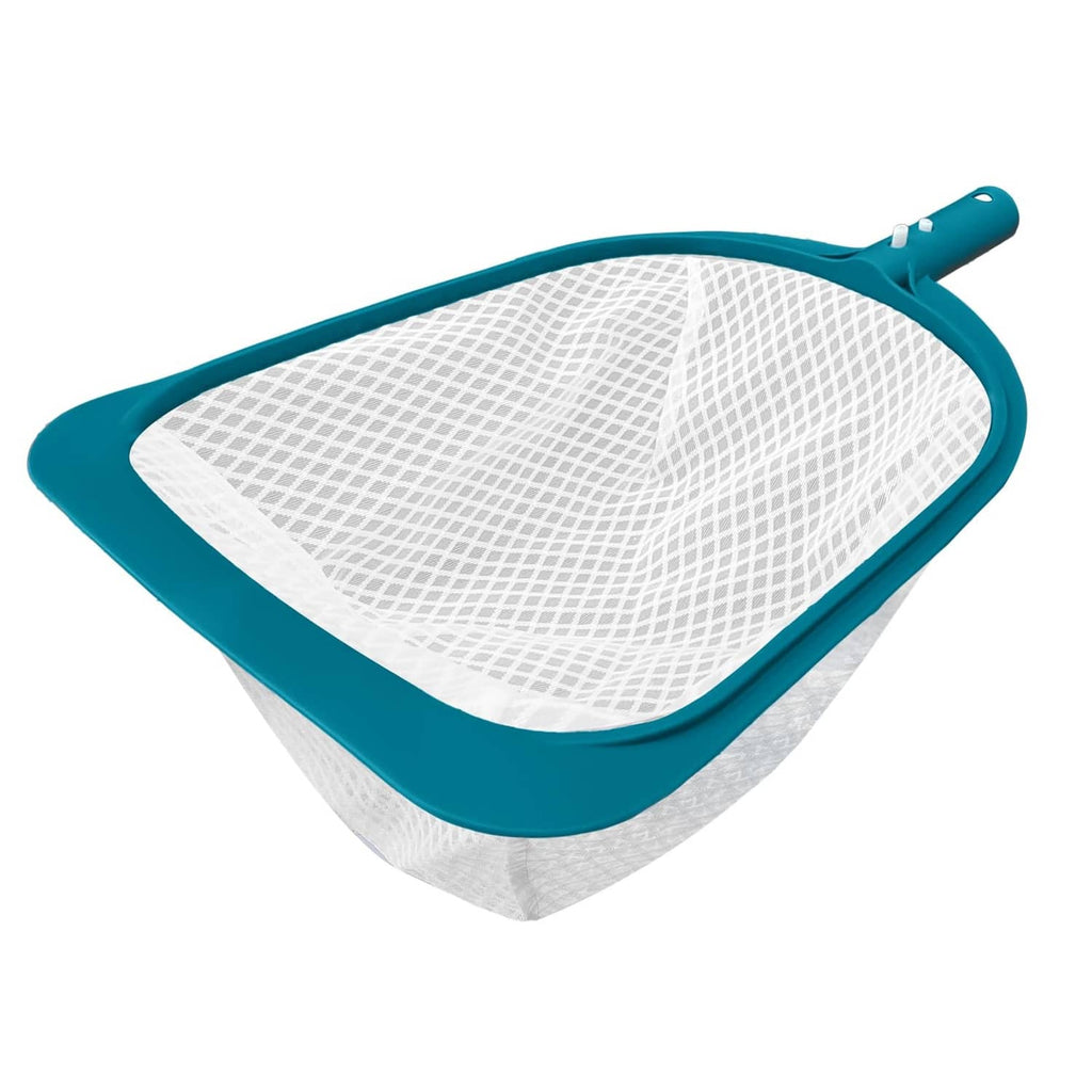 Teal-edged ultra-fine mesh leaf skimmer net with white mesh, no pole attached