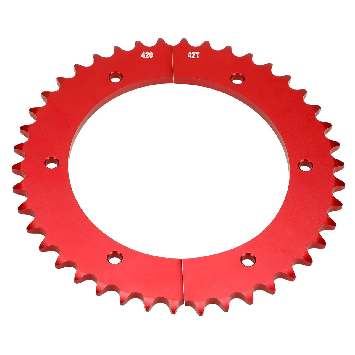 Red split sprocket gear, 42T with mounting holes, full circle view