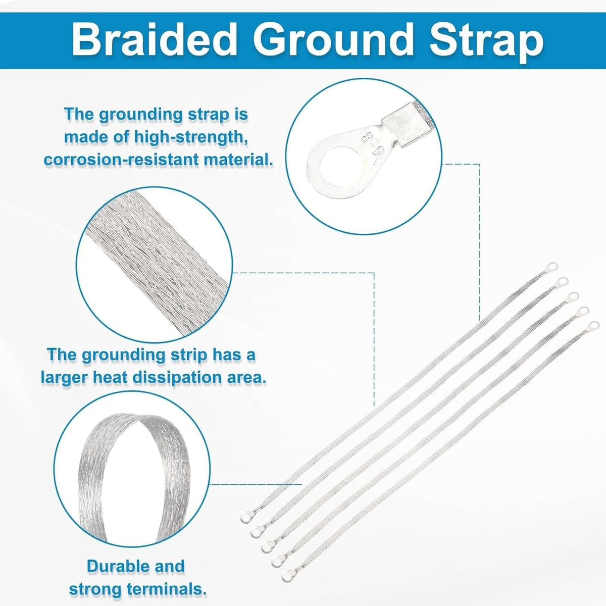Braided ground straps with ring terminals, tinned copper wire, multiple lengths