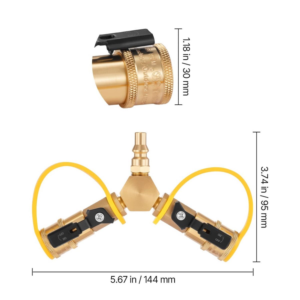 Brass propane splitter adapter close-up with 1/4-inch fittings and yellow hoses