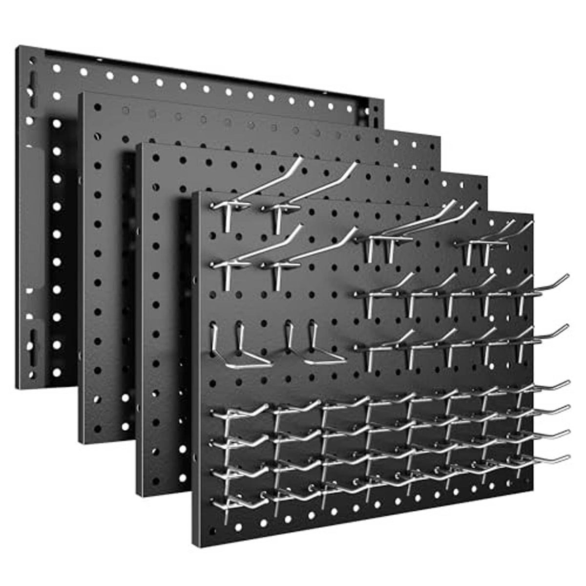 Set of four black metal pegboard panels with multiple S-style mounting hooks