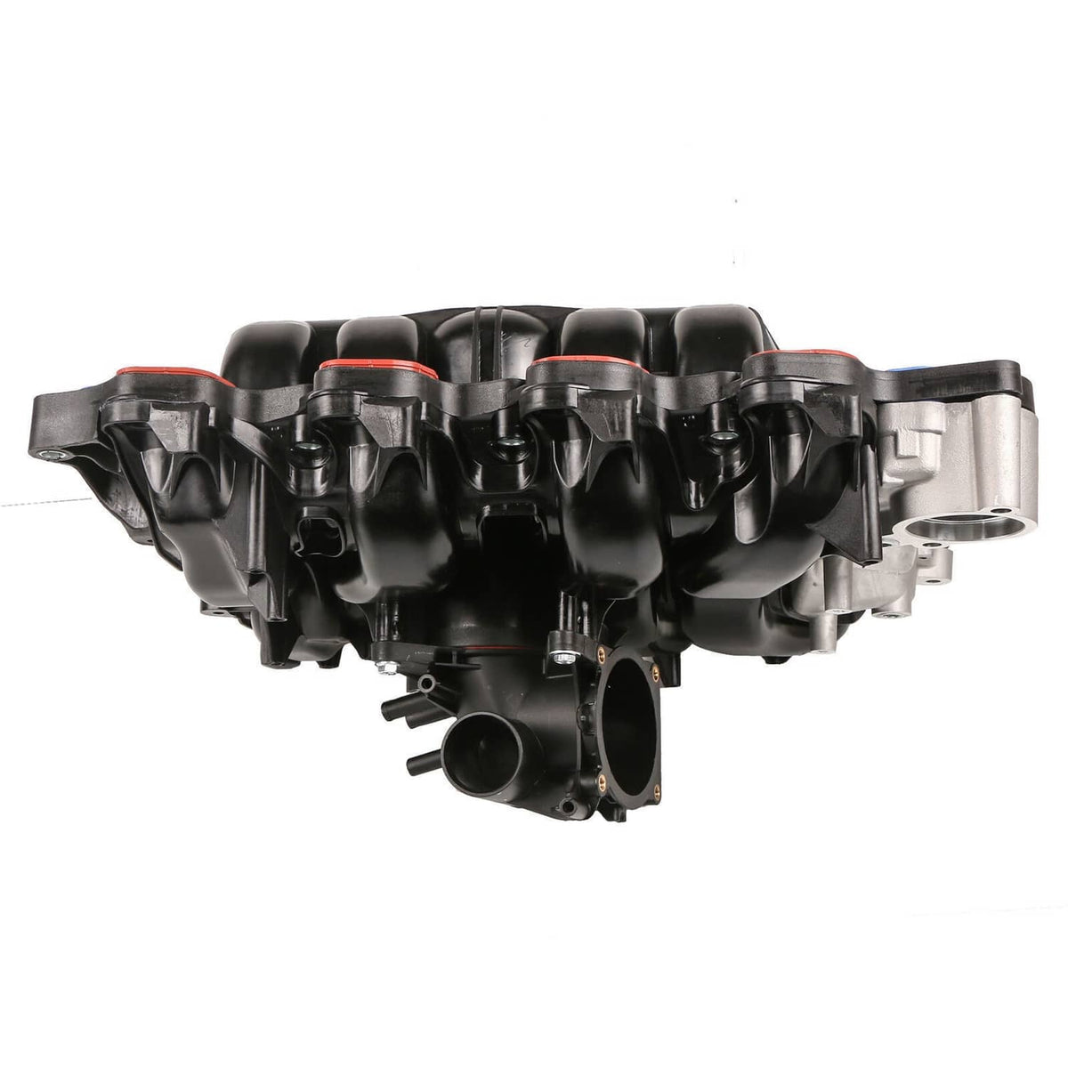 Engine intake manifold angled view with round outlet and red gasket seals, black housing