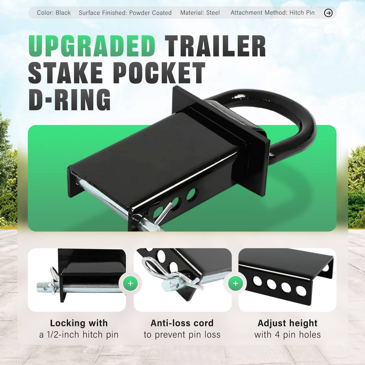 Black trailer stake pocket D-ring tie-down with bracket and mounting holes