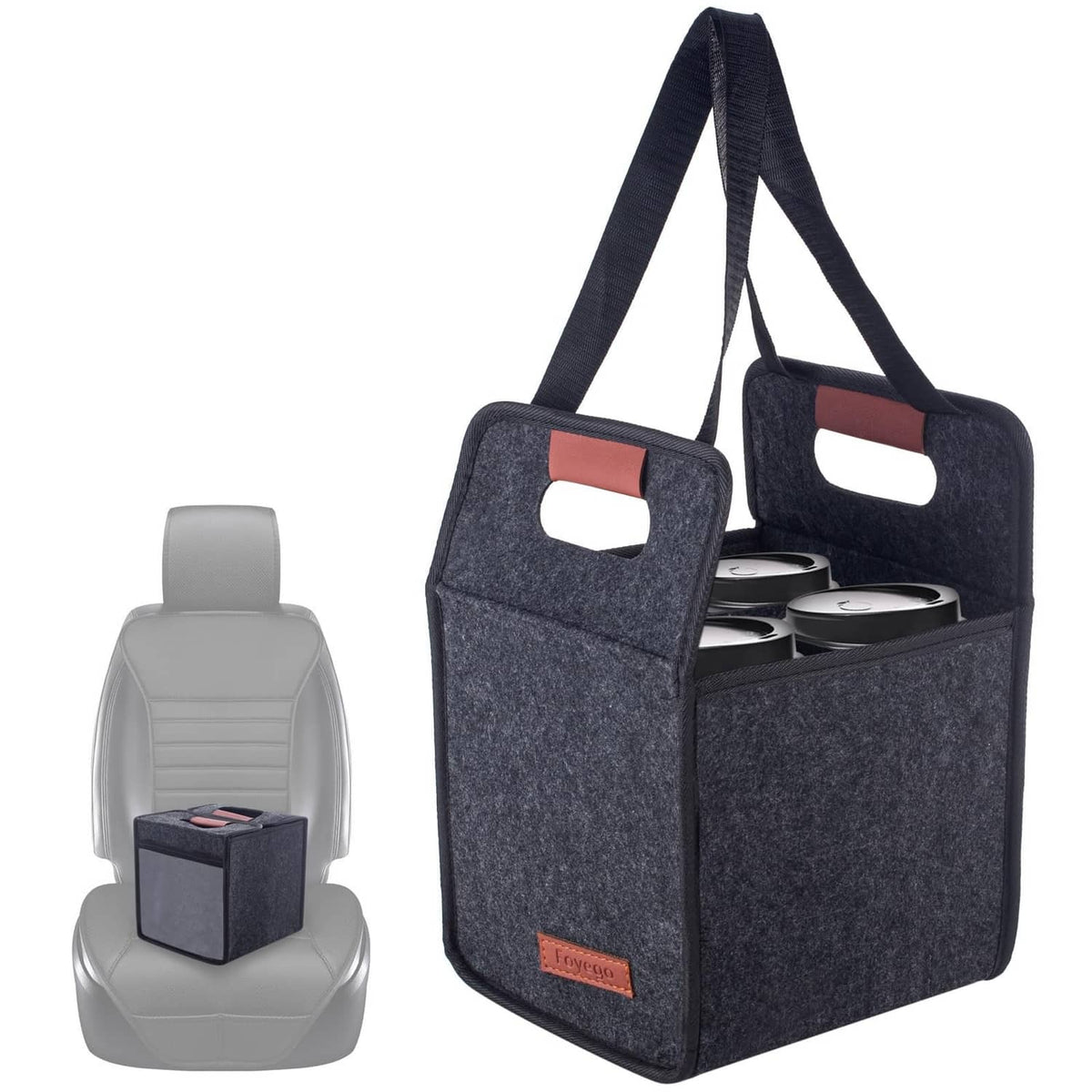 Dark gray felt drink carrier bag with top handle for four reusable cups