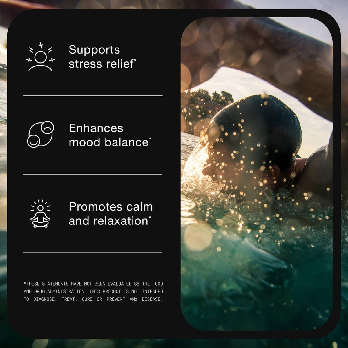 Benefits panel showing stress relief, mood balance, and calm relaxation icons