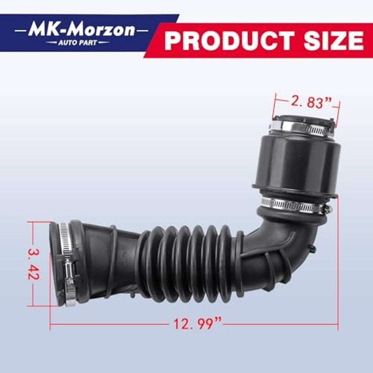 Black ribbed air intake hose with metal band clamps at right angled and straight ends