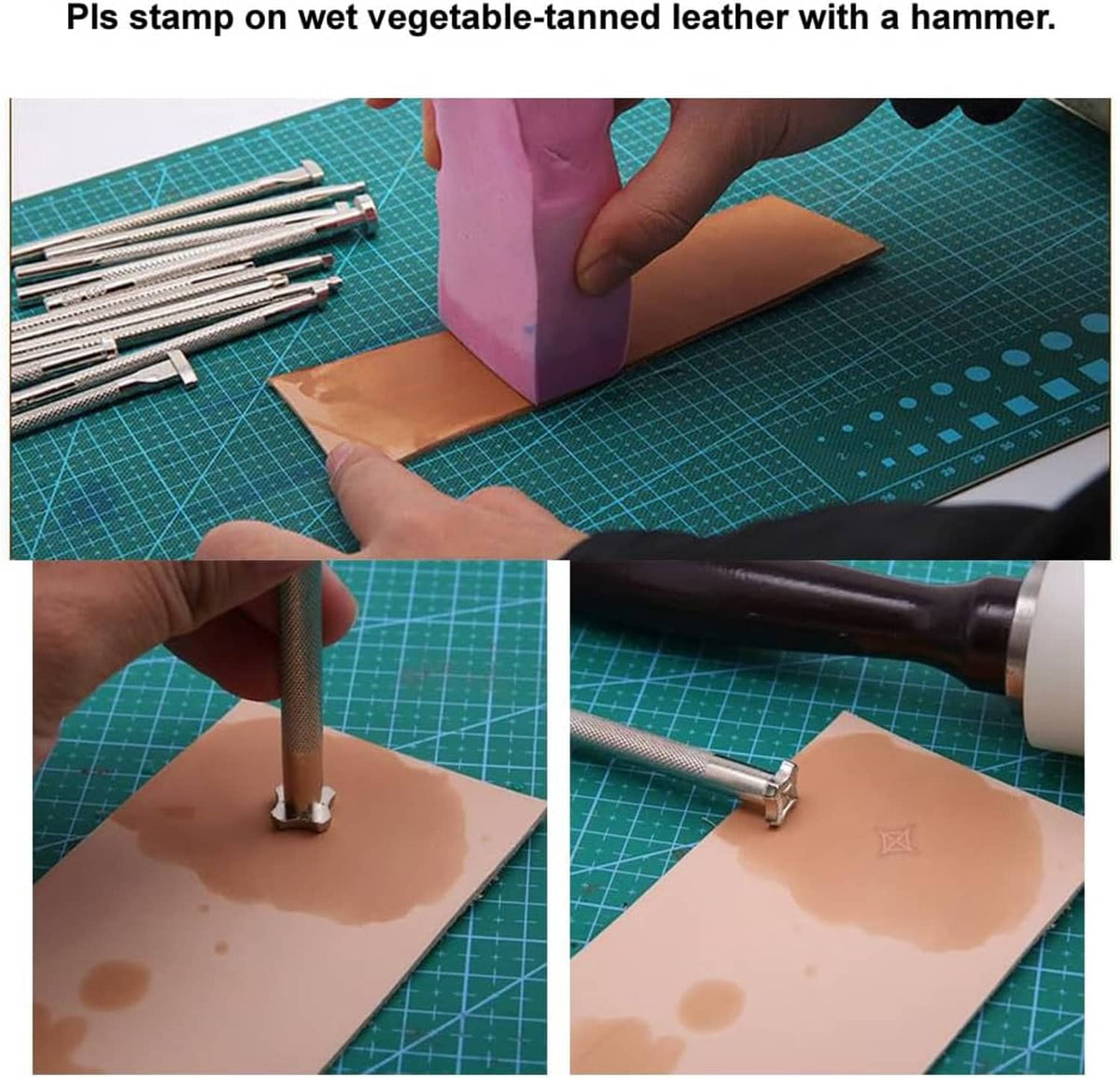 Two leather stamping tools used to press a design into brown hide