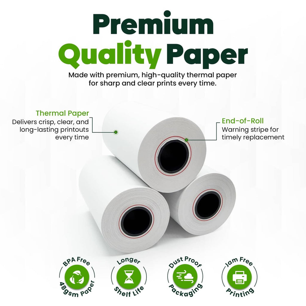 Stack of white thermal paper receipt rolls with exposed roll cores