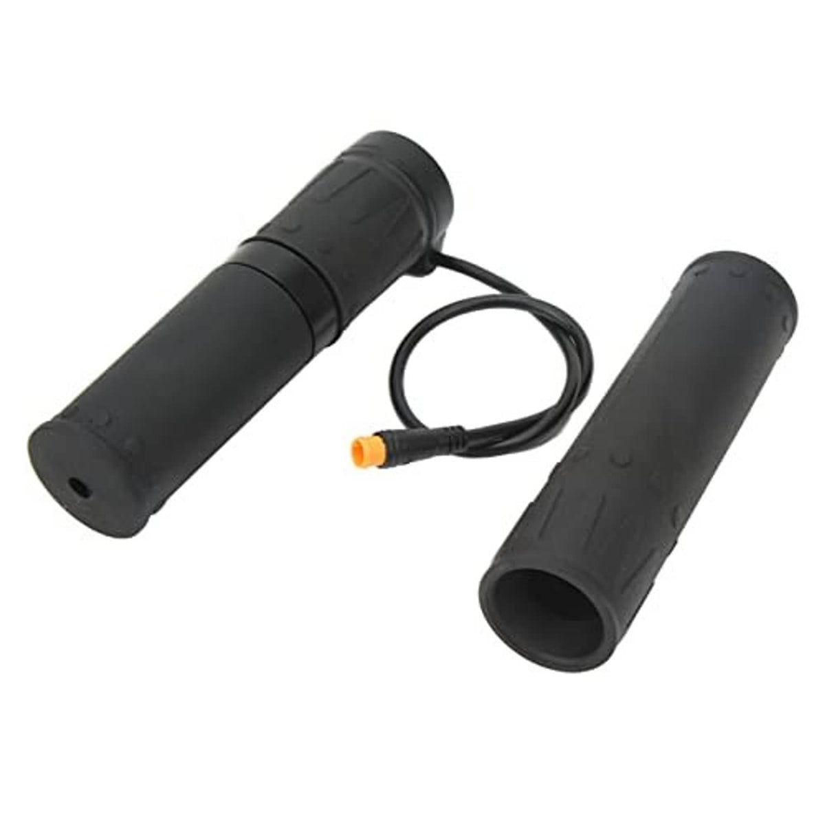 Motorcycle electric throttle grip sleeves with split rubber joint, black finish, cable with orange connector