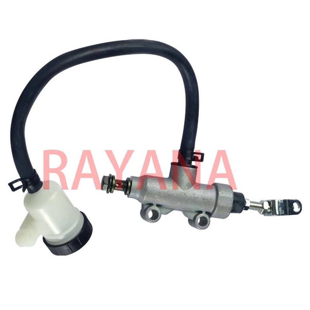 Rear brake master cylinder with black hose, white reservoir, and mounting bracket