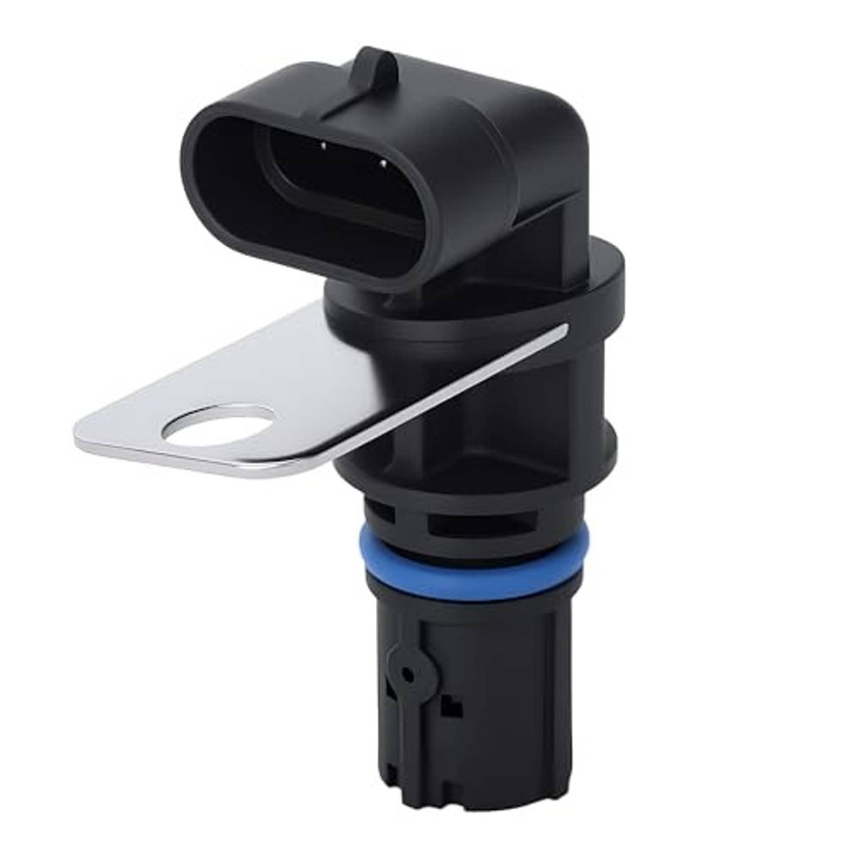 Crankshaft position sensor with metal mounting plate, blue O-ring, black connector housing