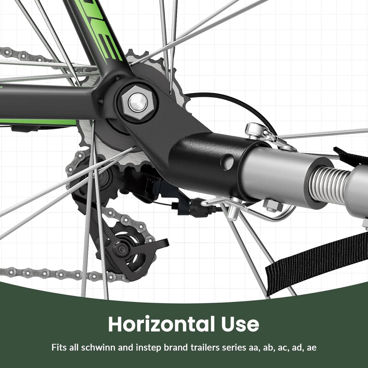 Trailer hitch coupler close-up mounted on bike frame with pin and spring latch