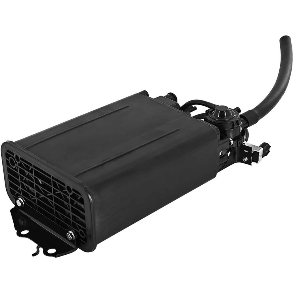 Fuel vapor charcoal canister with black body, end vent grille, and attached hoses