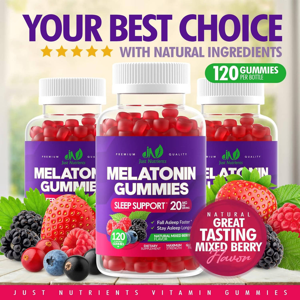 Melatonin gummies three-bottle set with mixed berry flavor badge and 120 gummies