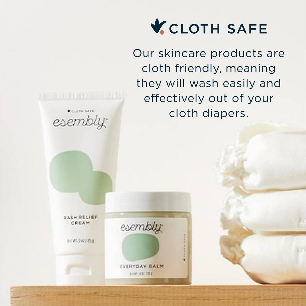 Esembly rash relief cream tube with cloth-safe branding on cloth diapers