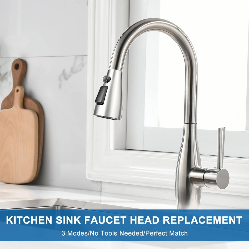 Kitchen faucet head replacement on a gooseneck sink faucet in brushed nickel