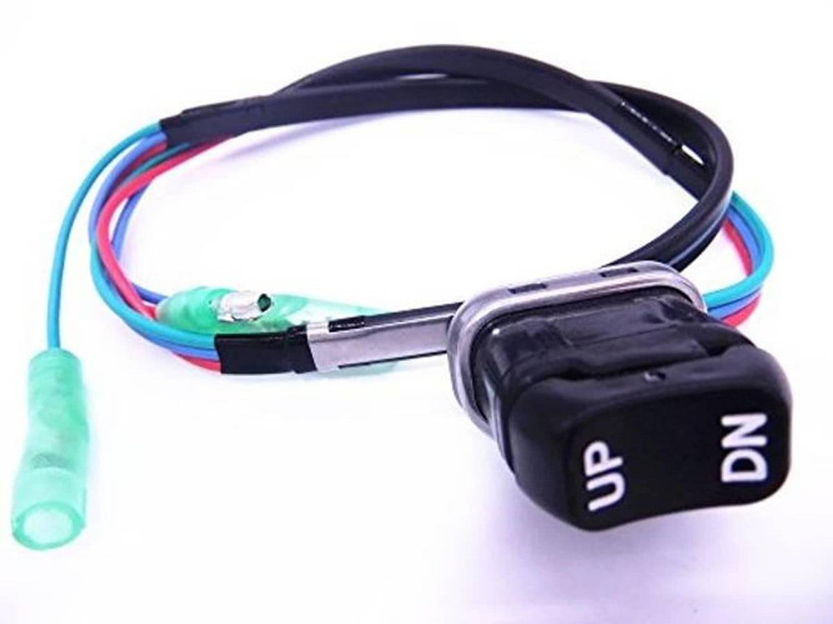 Outboard trim and tilt switch with black housing, UP/DN buttons, and colored wires