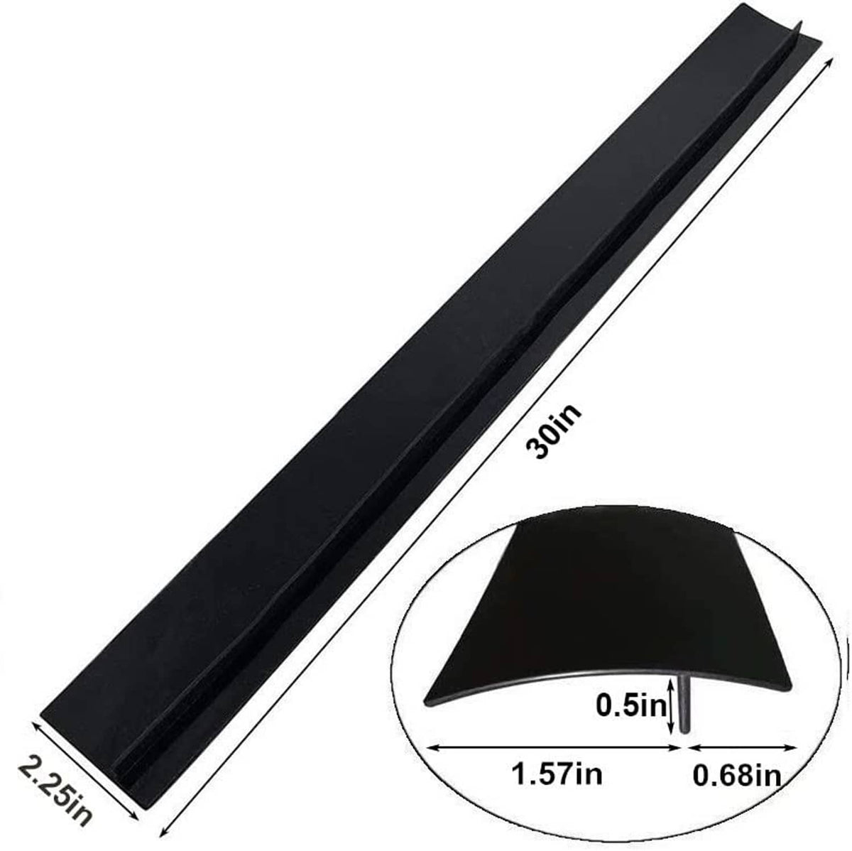 Black stove gap cover strip, 30 in length with curved profile for narrow seams.