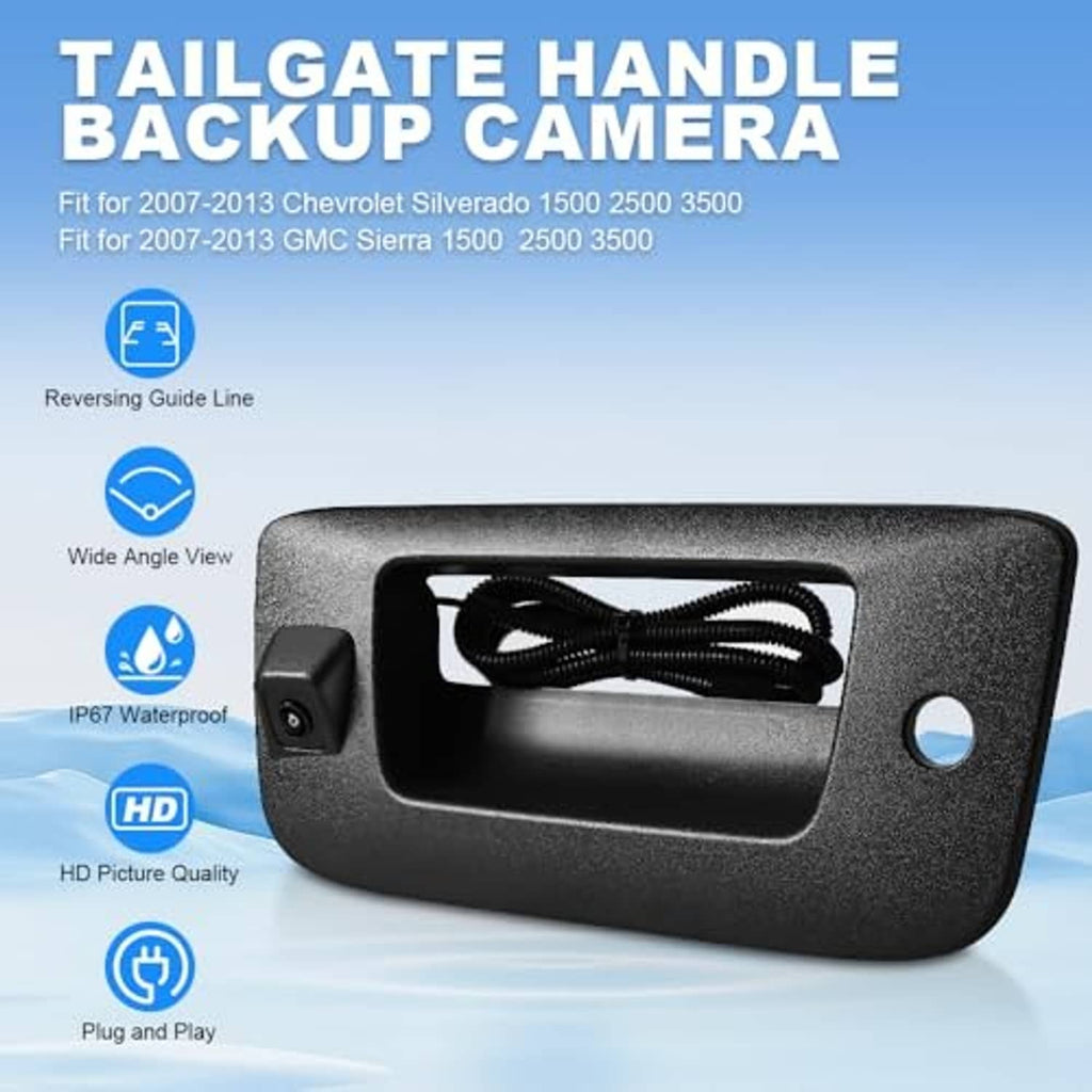 Rear tailgate handle backup camera with black bezel, side button, and front lens
