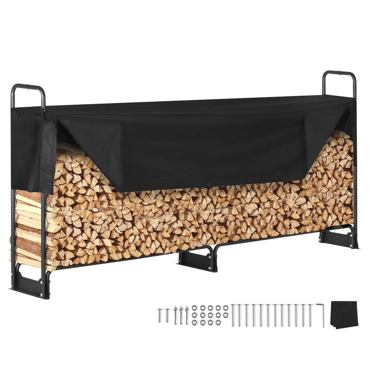 Outdoor firewood rack with black cover, side panels and stacked wood inside