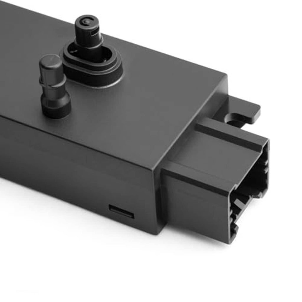 Power seat switch control module housing with mounting bracket and connector ports, dark gray