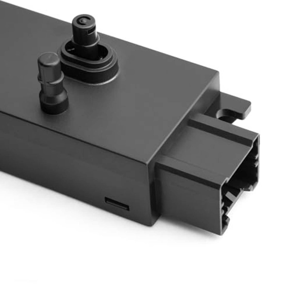 Power seat switch control module housing with mounting bracket and connector ports, dark gray