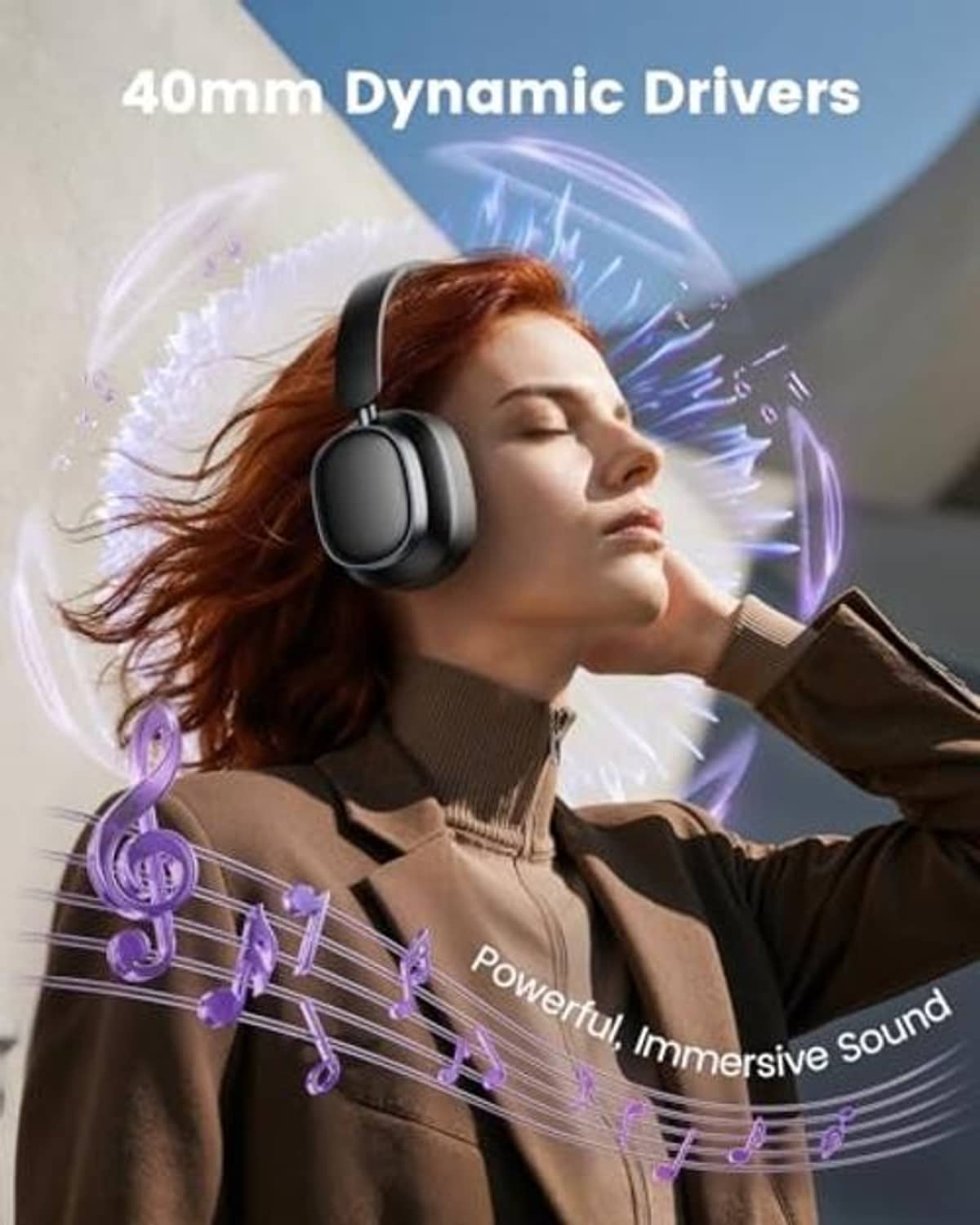 Black over-ear wireless noise-cancelling headphones on head, driver-focused design