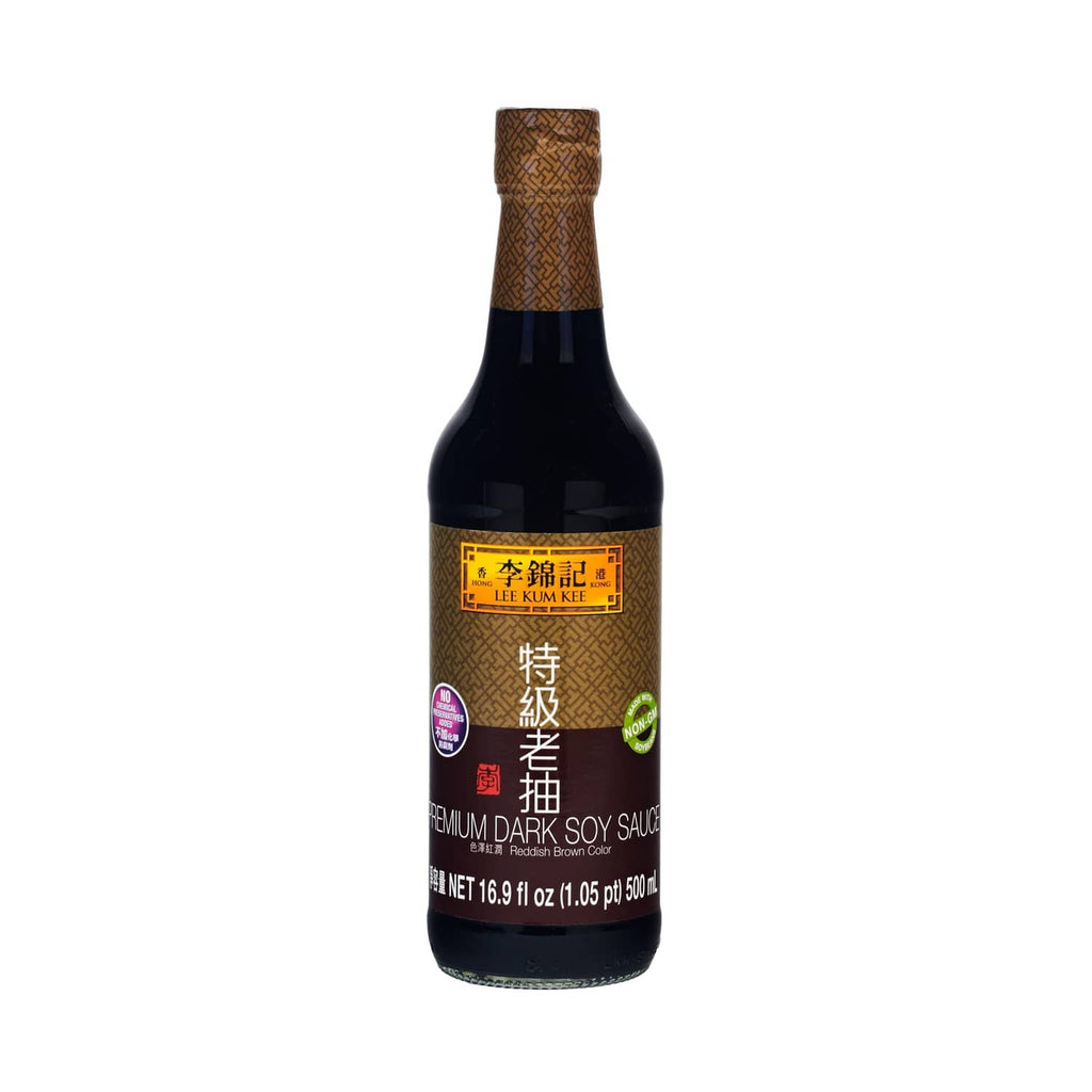 Lee Kum Kee premium dark soy sauce bottle, dark glass with gold cap