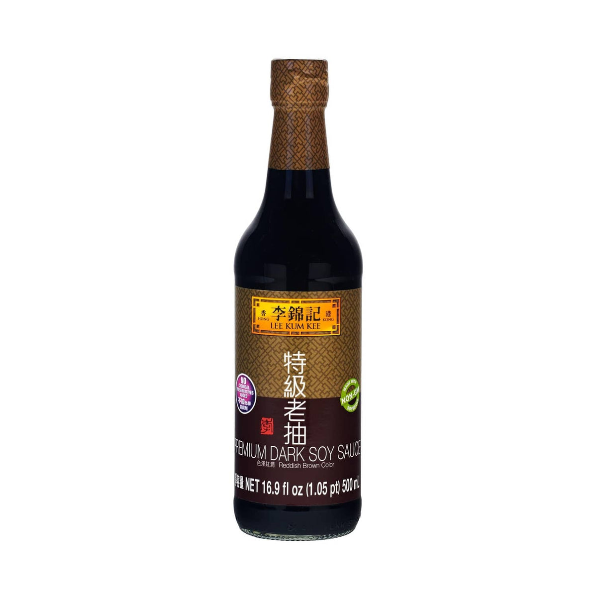 Lee Kum Kee premium dark soy sauce bottle, dark glass with gold cap