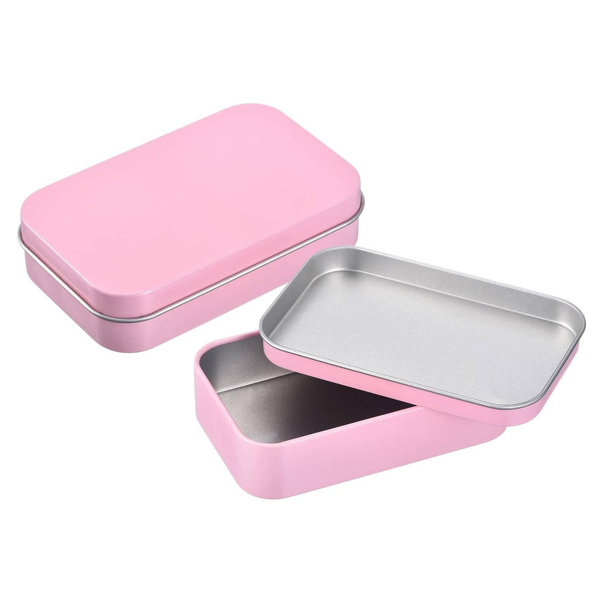 Set of 3 pink metal tins with hinged lids, rectangular storage containers