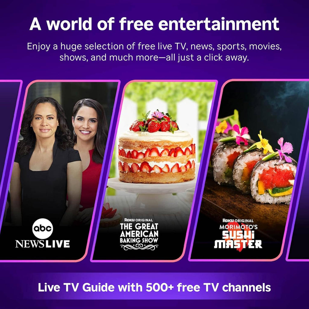 TV showing Roku entertainment channels and app tiles with streaming stick