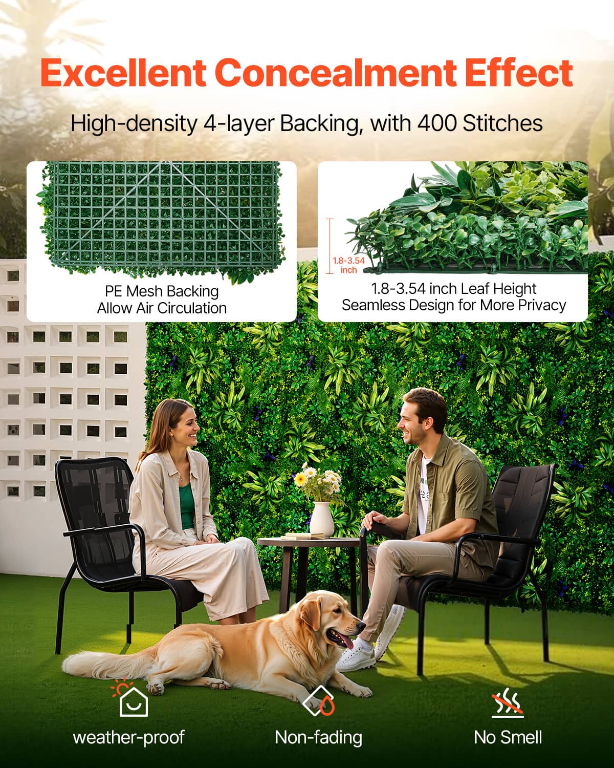 Artificial greenery wall panels with mesh backing and layered leaf coverage, green