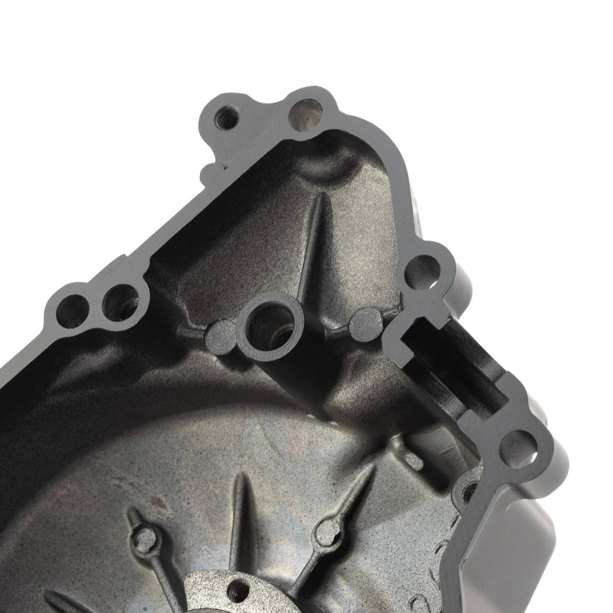 Black left engine crankcase stator cover close-up, textured surface